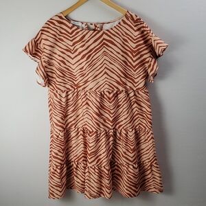 Nine West Babydoll Loose Fit Short Sleeve Tiered Ruffle Zebra Print Boho Dress L